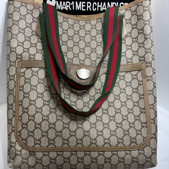 Gucci Handbags - Gucci Beige GG Canvas Tote with Green and Red Web Straps